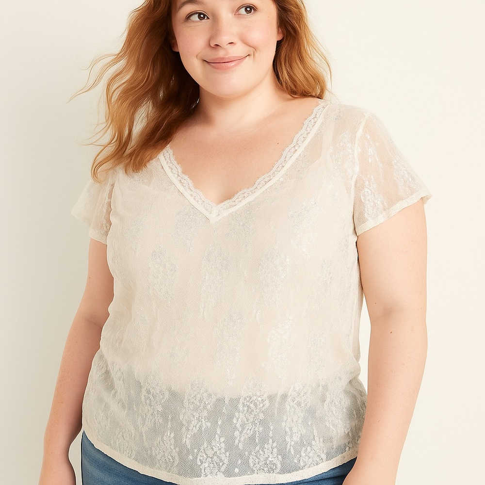 VTG Old Navy Sheer Lace Trim Shirt V-Neck XL Perfect Fit Fairycore whimsy dainty